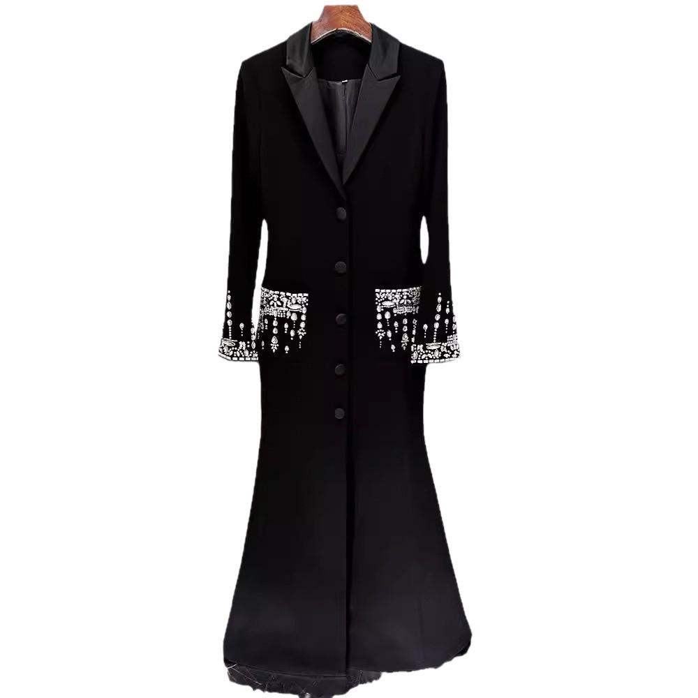 2026 European & American Star Fashion Beaded Rhinestone Lapel Mermaid Evening Gown