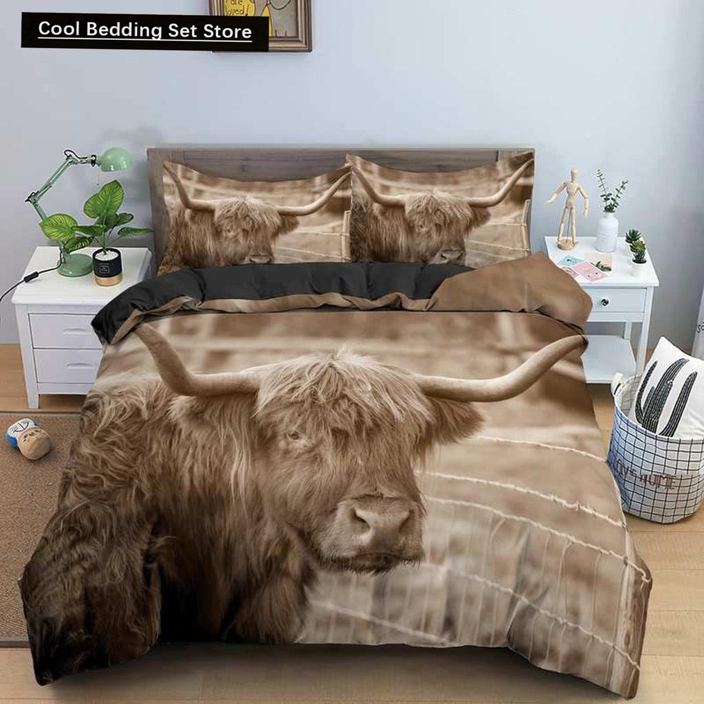 Highland Cow King Queen Duvet Cover Bull Bedding Set for Adults Cattle 2/3pcs Quilt Cover Farm Animal Polyester Comforter Cover