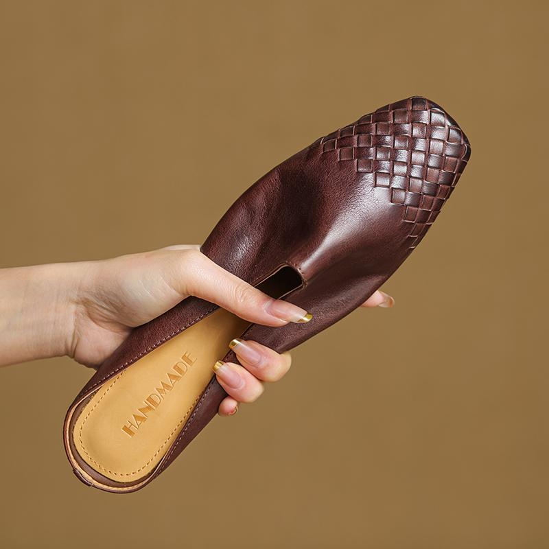 Fashion 2025 New Summer Women Mules Genuine Leather Shoes for Women Squared Toe Low Heel Shoes Cover Toe Slingback Slippers Modern