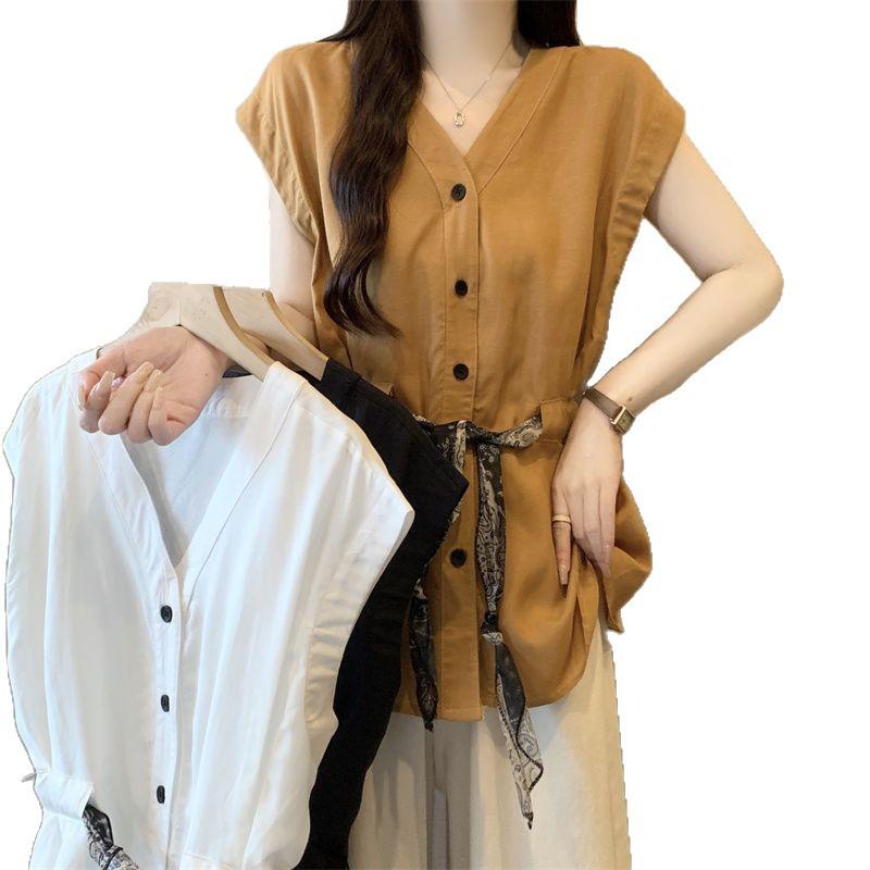 Plus-Size Korean Style V-Neck Buttoned Silk Scarf Sleeveless Women's Summer T-shirt - New Loose Slimming Design