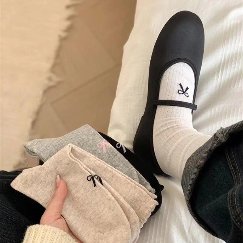 Vivid Basic Balletcore Ribbon Black and White Socks gray