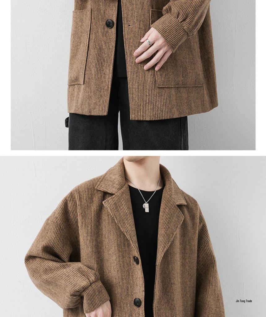 Men's Corduroy Wool Coat - Mid-Length, Loose Fit, Spring/Autumn, Hong Kong & Korean Style