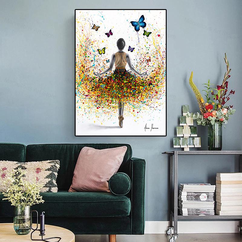 Beautiful Ballet Dancer Canvas Poster Prints Abstract Butterfly Flower Watercolor Canvas Painting Wall Art Pictures Home Decor