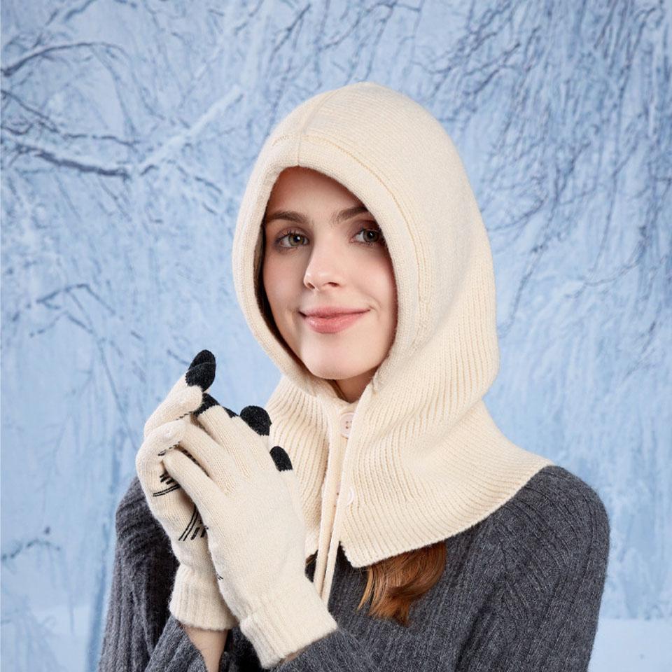 Getinfit 1Pcs Pullover Cap Winter Keep Warm Ear Protection Knitting Gloves Hats Female Shawl In One Piece Woolen Cap Balakla Hat