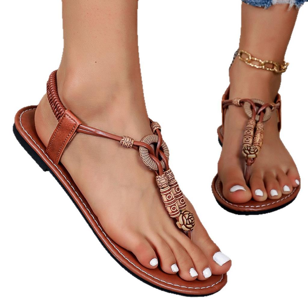 Fashion Bohemian Style Women's Beaded Flat Sandals Casual Clip Toe Soft Sole Beach Shoes Woman Lightweight Elastic Band Summer Sandals