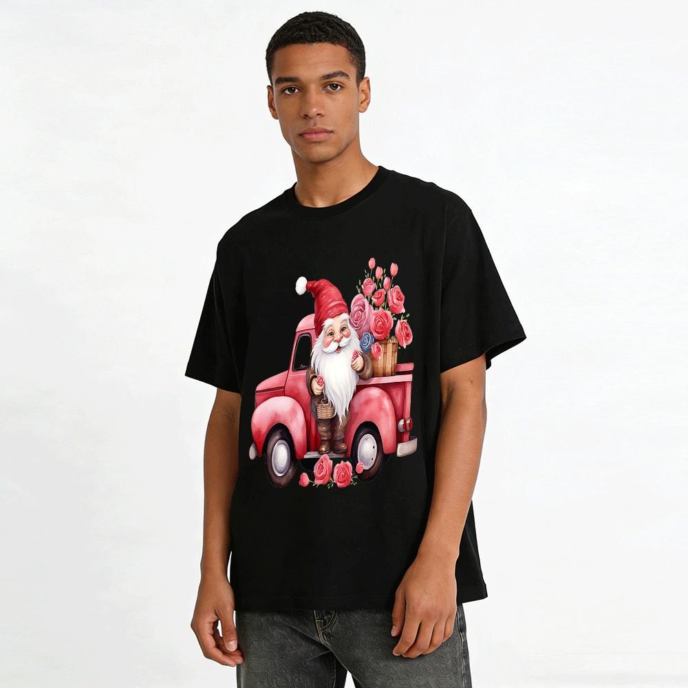 Vintage Red Truck Rose Gnome Print Casual Top Pure Cotton T-shirt