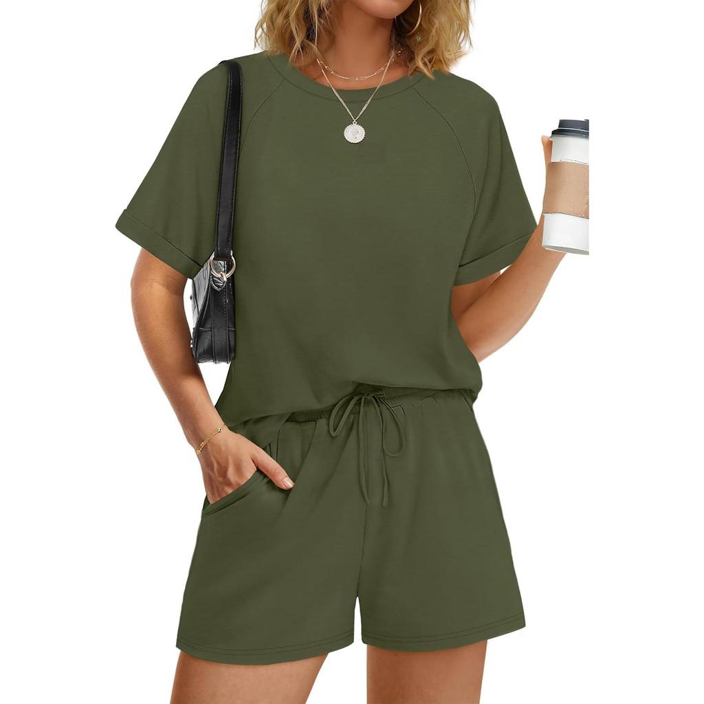 Women's Casual Pullover Top and Shorts Set Loose Fit Solid Color Two Piece Outfit Soft Fabric Lightweight Summer Loungewear