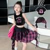 Jazz Children Dance Costume Streetwear T-shirt Plaid Skirt Set Fashion Y2k Outfits Suit  Stage