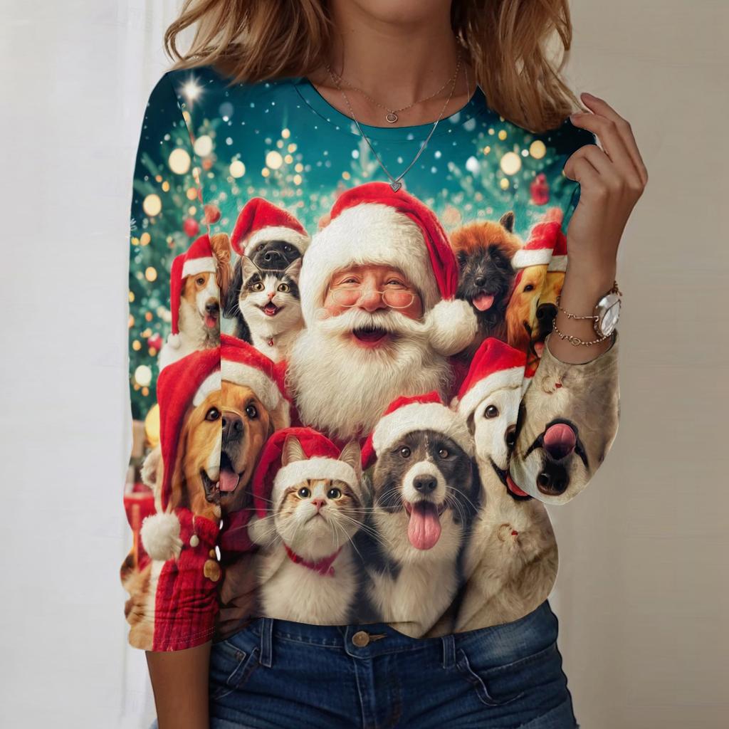 Christmas Limited Edition Women's 3D Christmas Gift Kitten Print Round Neck Long Sleeve Hoodie Fashion Casual Long Sleeve Top