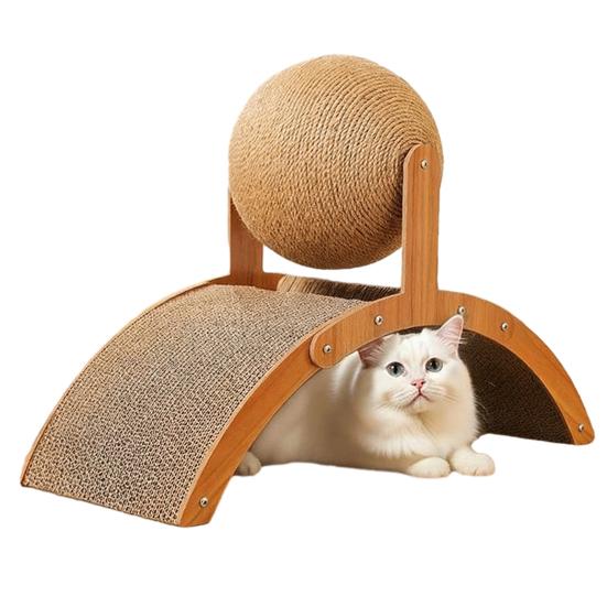 3-in-1 Cat Scratcher Cats Cardboard Scratching Pad with Sisal Ball Wood Frame Indoor Kitten Arched Scratcher for Active Cats Scratching Playing
