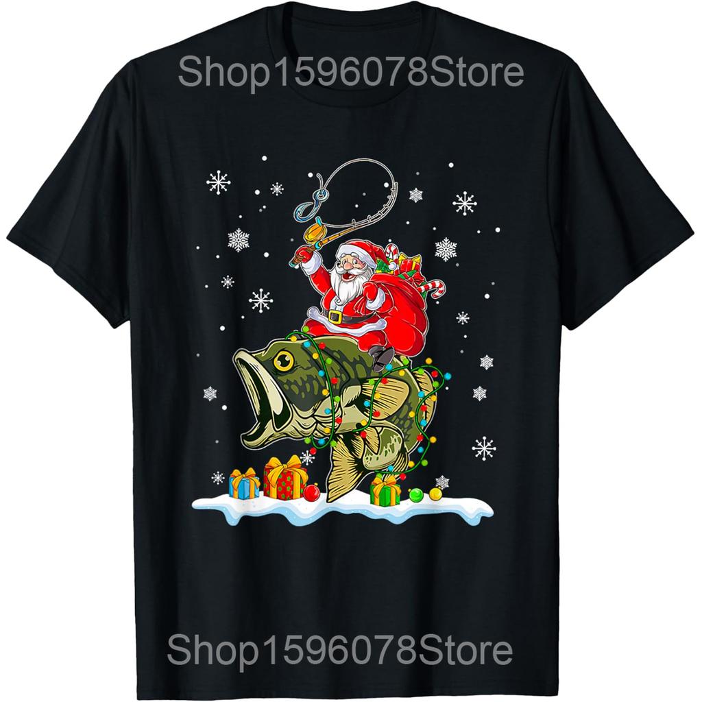 Christmas Bass Fishing Funny Santa Fish Fishermen TShirt Summer Fashion Summer Style Cotton Short Sleeve Oversized Tshirt Tops