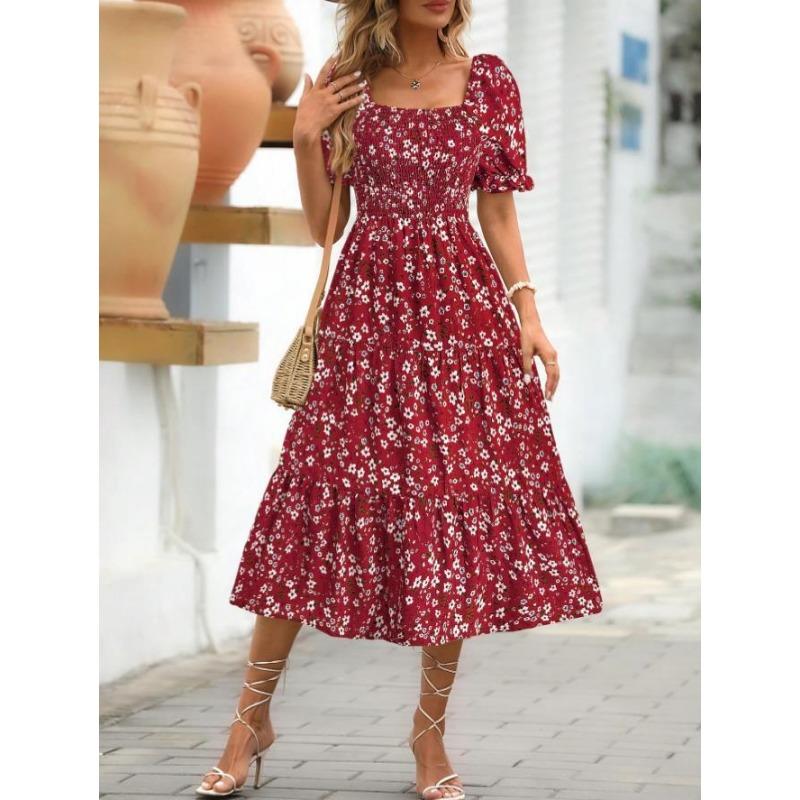 Women's Printed Square Neck Waisted Bubble Sleeve Layered Dresses