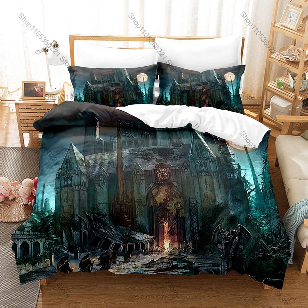 Cool Magic Fantasy Medieval Castle Ancient Tower Building HD Print Bedding Set Duvet Cover + 2 Pillowcases Fantasy Game Room Dec
