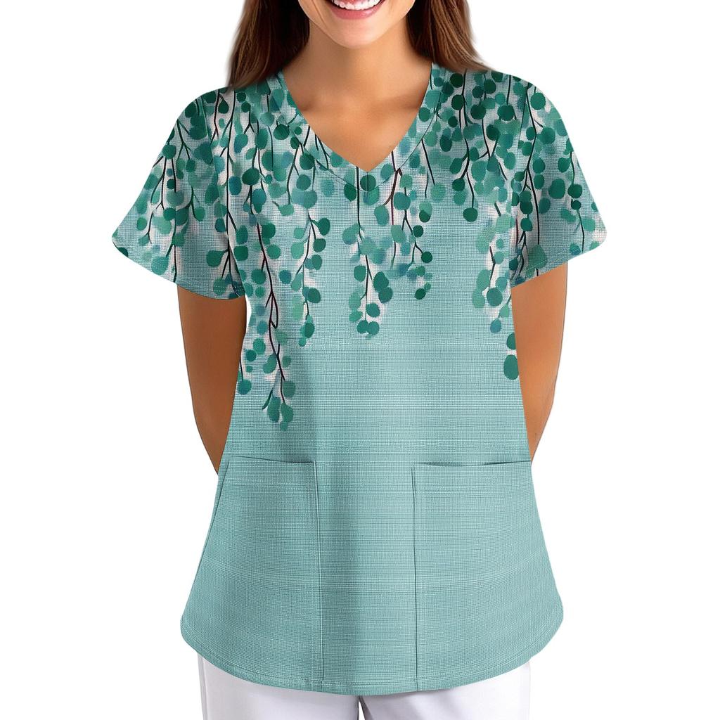 Loose Fit V Neck Short Sleeve Medical Scrub Top with Pockets for Nurses Caregivers Floral Print Comfortable Workwear
