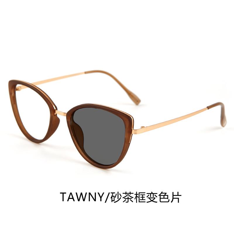Trendy cat-eye photochromic anti-blue light glasses for women with round faces, making them look slimmer without makeup; also available as plain