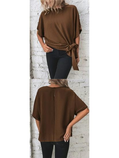 Summer Women's Solid Color Batwing Sleeve Knot Hem Loose T-shirt