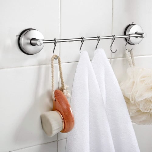 Poyway Kitchen Tool Hooks, Stainless Steel, Super Strong Suction Cups, 5 Movable Hooks, Bathroom & Kitchen Storage