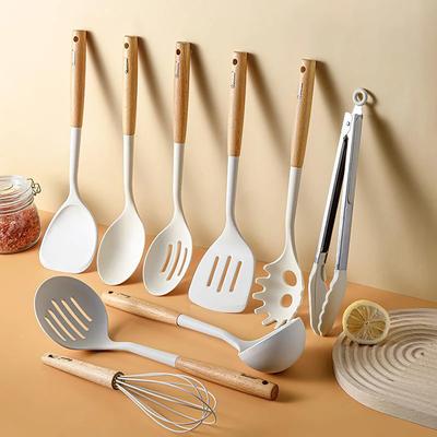 10Pcs Silicone Cooking Tools Set Large Spatula Shovel Soup Wood Handle Spoon Kitchenware Utensils Set Non-Stick Kitchen Gadgets