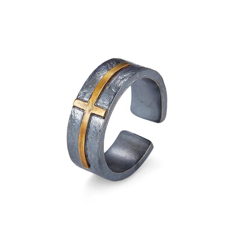 Adjustable Open Ring Men Women Vintage Faith Cross Signet Sterling Retro Style