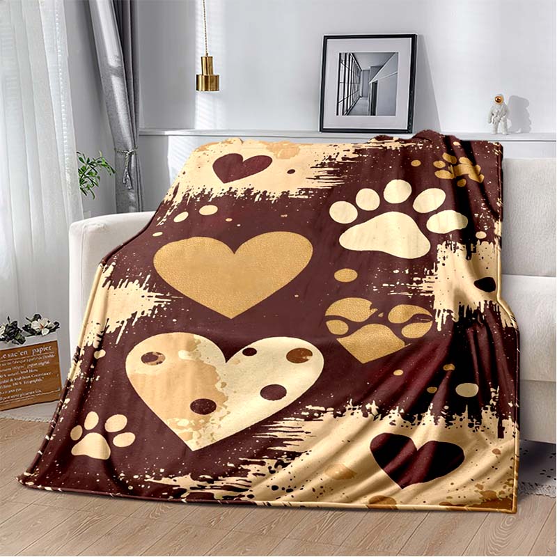 Black White Gold Paw Print & Heart Flannel Blanket, Soft Cozy Warm Throw for Bed Sofa Couch, Lightweight All Season Plush Cover