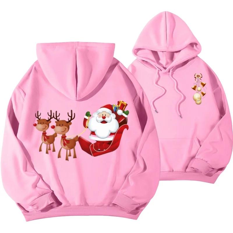 Cute Cartoon Flying Reindeer Santa Claus Graphic Unisex Hooded Sweatshirt, Loose-fit Winter Xmas Streetwear