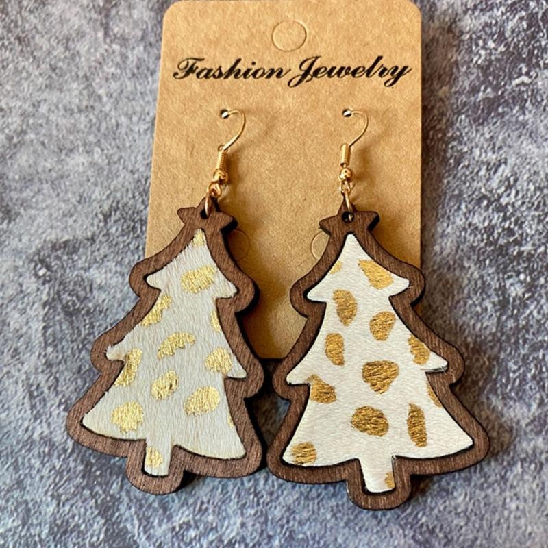 Wood Christmas Tree Dangle Earrings Women Leopard Grow Print Genuine Leather Christmas Earring New Year Ear Jewelry Gift
