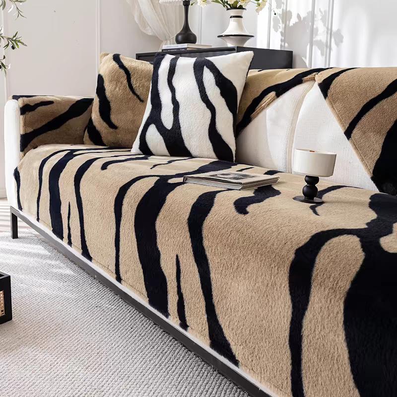 Mink Texture Plush Sofa Cushion Winter Thick Imitation Rabbit Plush Seat Cushion Warm Non-slip Zebra Pattern Sofa Towel