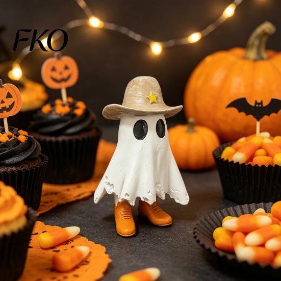 Weiße Geisterdekoration Halloween Cowboy-Statue, Gruselige Harzfigurine, Westliche Tischdekoration Skulptur mit Stiefel und Hut für Kaminsims, Etagen
