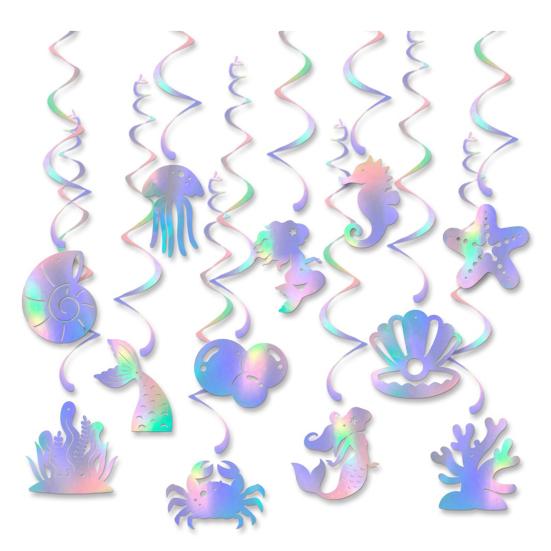 12 Pcs Mermaid Hanging Swirls Decoration Iridescent Mermaid Theme Party Garland Ocean Ceiling Streamer for Birthday Party Supplies