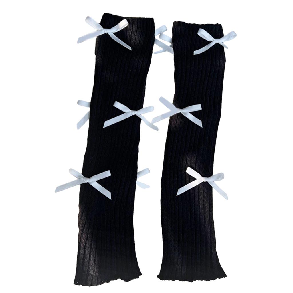 Japanese Ballet Style JK Girl Women Ribbed Knit Leg Warmer Sweet Small Bow Lettuce Hem Boot Cuffs Leg Cover Long Socks