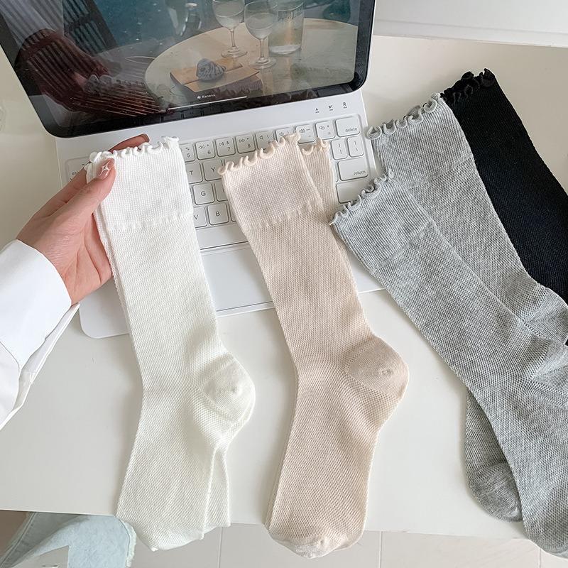 Ladies Spring and Autumn Thin Mesh Hollow Breathable Simple Solid Color Hollow Ear Side Pile Socks