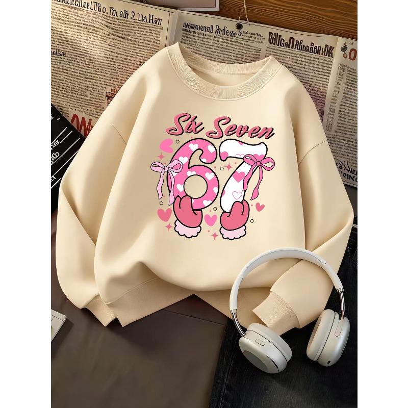Kids Girls Crewneck Sweatshirt, Cute Pink Bow Heart Number 67 Six Seven Print Long Sleeve Pullover, Birthday Sweatshirt For Kids Over 4 Years Old