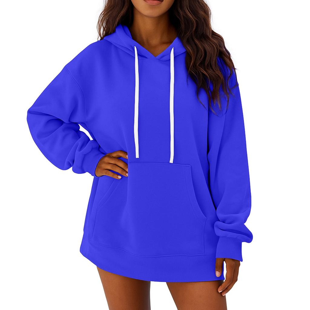 Women's Solid Color Long Sleeved Loose Casual Mid Length Pullover Hoodie Sweatshirt