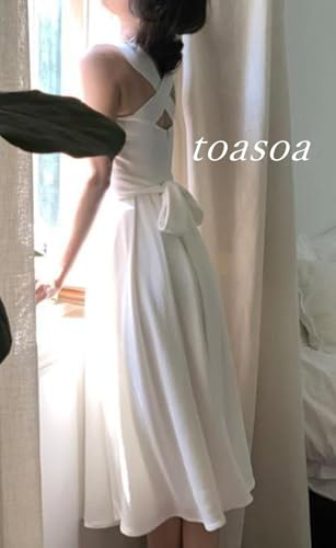 Toa Soa Women's White Knee-Length Flared Dress with Back Ribbon (L)
