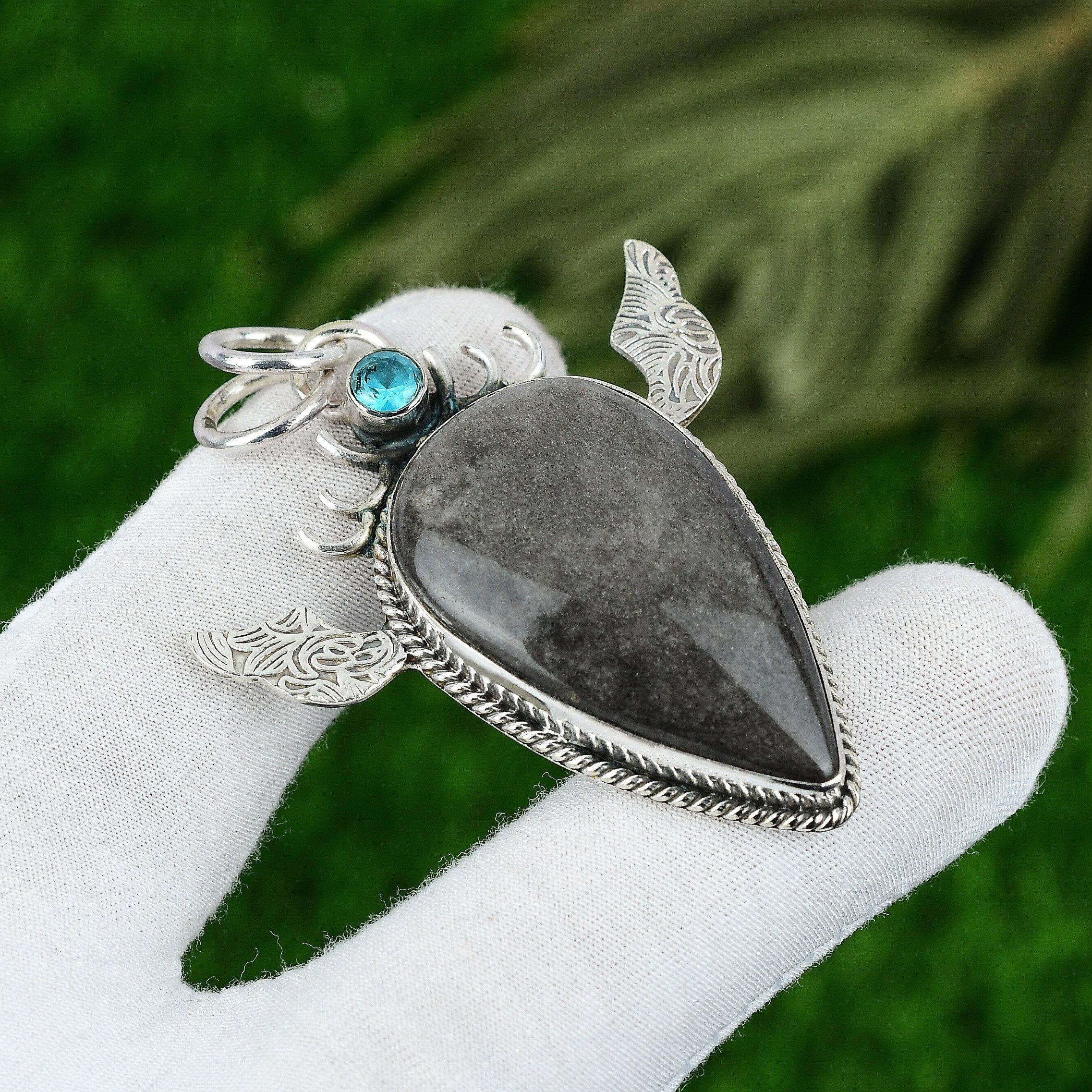 

Pear Silver Sheen Obsidian Gemstone Topaz Engagement Pendant Jewelry 925 Silver