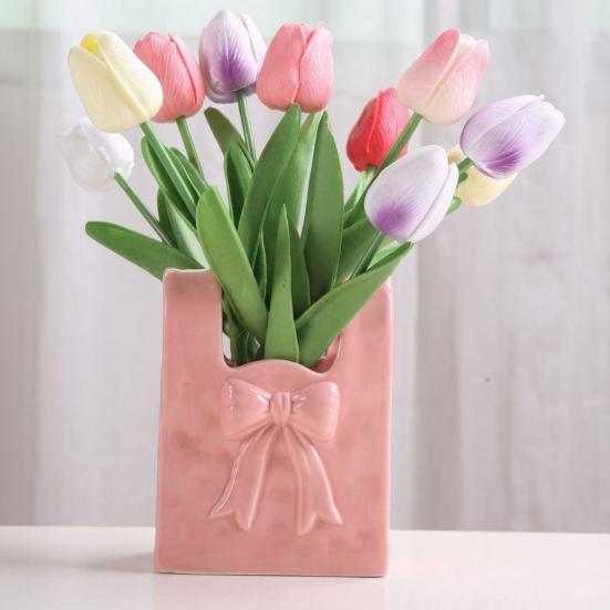 Yousheng Keramikvase mit Schleifendetail Rosa Weiß Schleife/Handtasche/Blumenstrauß Blumenvase für Wohnzimmer Esszimmer Regal Tisch Desktop Deko