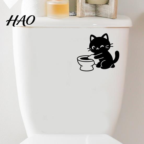 Funny Bathroom Wall Art Black Cat Toilet Sticker, Cute Cartoon Decal, Decorative Tiles Stickers PVC Waterproof Removable Tank Sticker for Washroom