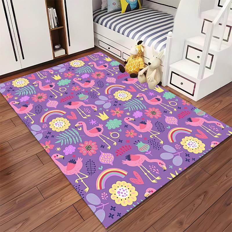 Colorful Flamingo Print Carpet with Flowers and Rainbow Design Suitable for Use As an Anti-slip for Living Room Bedroom Sofas