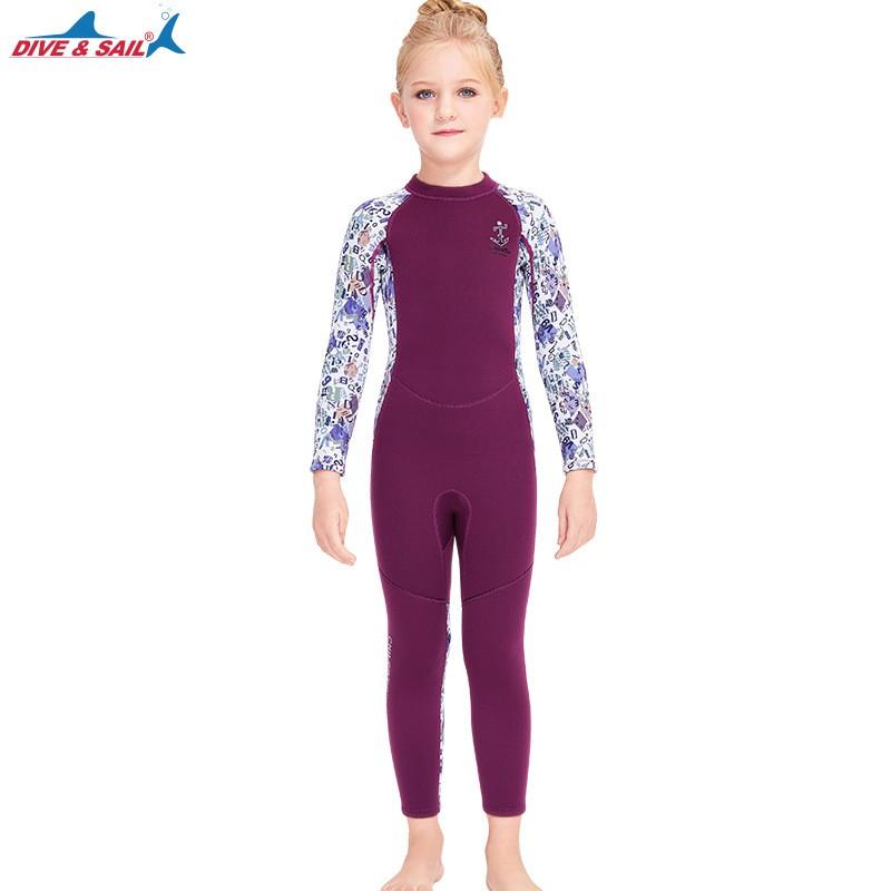 Girls 2.5mm Neoprene Wetsuit Full Body Long Sleeve Warm Swimwear Snorkeling Diving Winter Fall Small пурпур