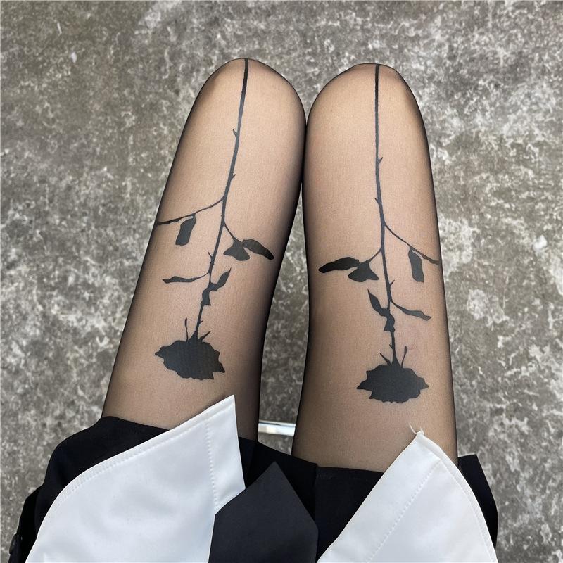 

15D Core-spun yarn rose print pantyhose, plus size black tights Average Size чёрный