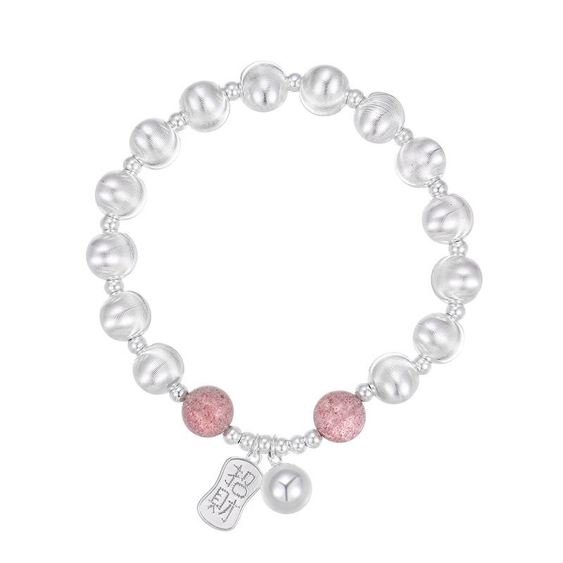 Strawberry Crystal Cat's Eye Bead Silver Bracelet - Korean Style Women's Fortune Charm.