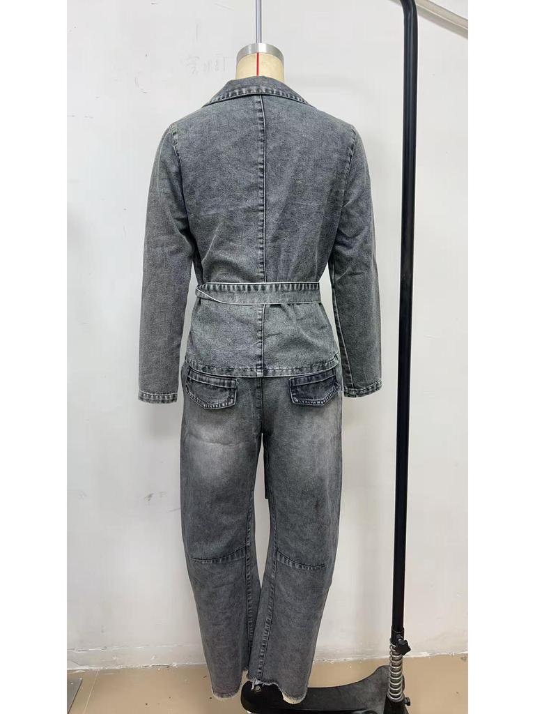 Damen Streetwear-Set im europäischen & amerikanischen Stil: Schmale Jeansjacke & Hose