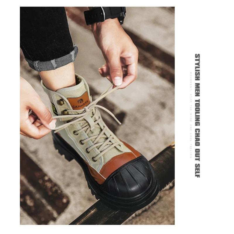 2025 Mens Boots Canvas New In Winter Casual Shoes Luxury Ankle Platform Hiking Safety Motorcycle Chelsea Tactical Cowboy Combat