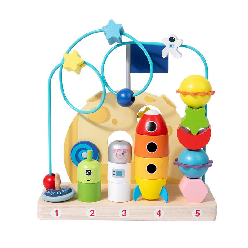 Wooden Space-Themed Bead Rolling Educational Stacking Toy for Children