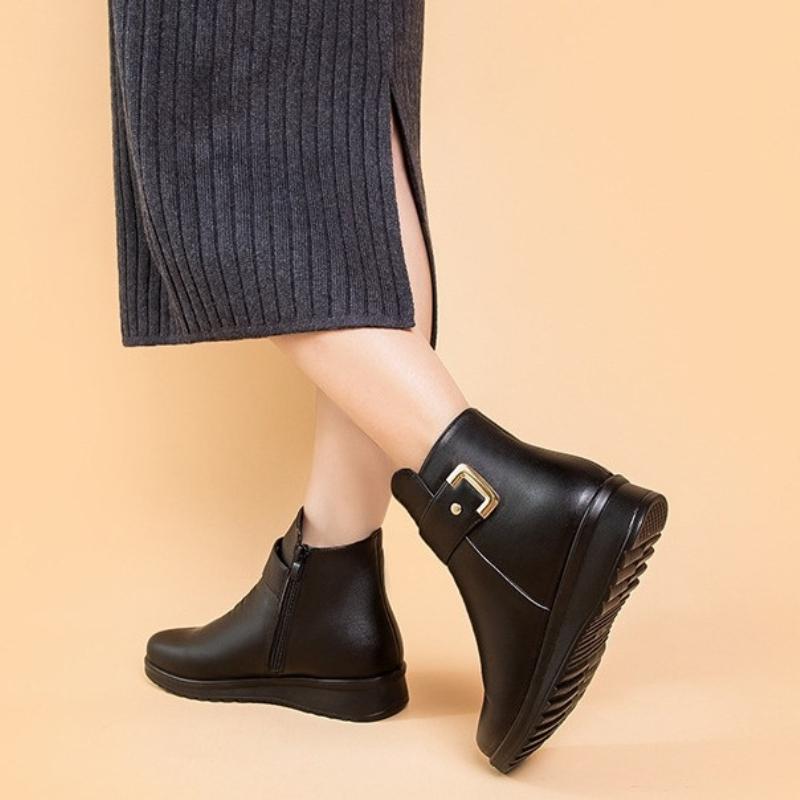 Women Winter Ankle Boots Warm Fleece Lined Anti Slip Leather Shoes for Elderly