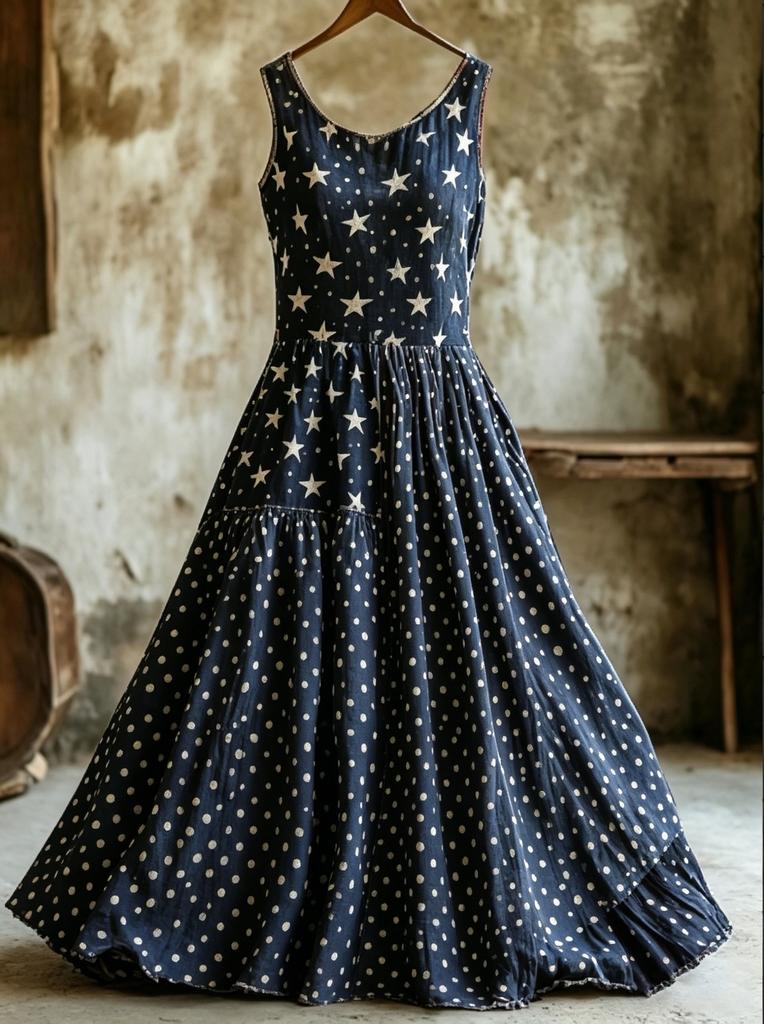 Retro Floral Embroidery Sleeveless Layered Cotton and Linen Dress Women's Mori Long Dress