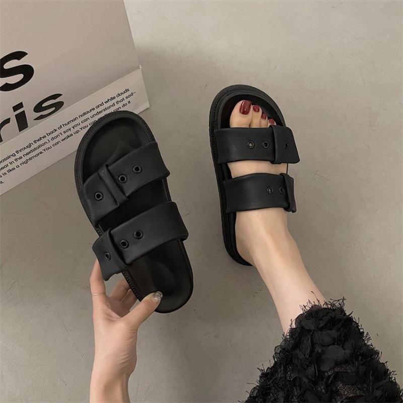 Fashion Beach Shoes Glitter Slides Slippers Women Summer Low Platform Pantofle Fashion Soft Rome Belt Buckle Slingback Sandals Slipper