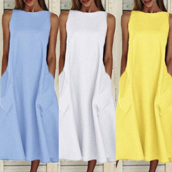 Vintage Damen Einfarbig O-Ausschnitt Ärmellos Taschen Großer Saum Langes Lockeres Kleid