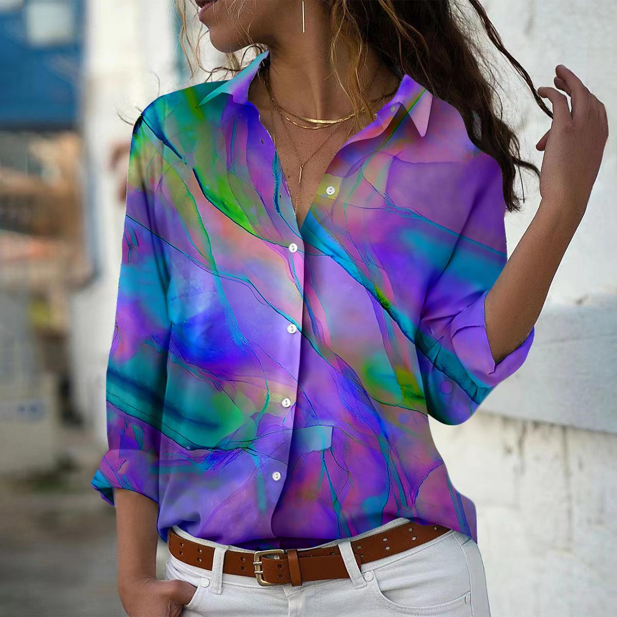

Блузка с мраморным принтом для женщин, весна-осень, женская, офисная, на пуговицах, с отложным воротником XL