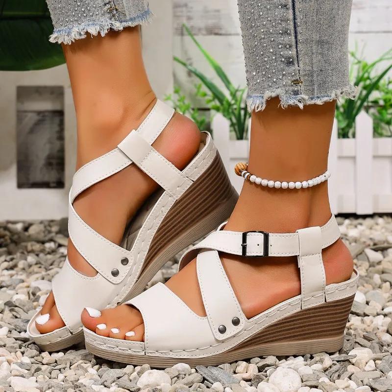 

Fashion 2025 New Women Wedge Sandals Casual Comfortable Ankle Strap Thick Sole Sandals Outdoor Lightweight Platform Shoes for Women 36 белый